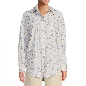 Antonio Melanie Woven Alda Blue Floral Print Tie Front Button Down Collared Top